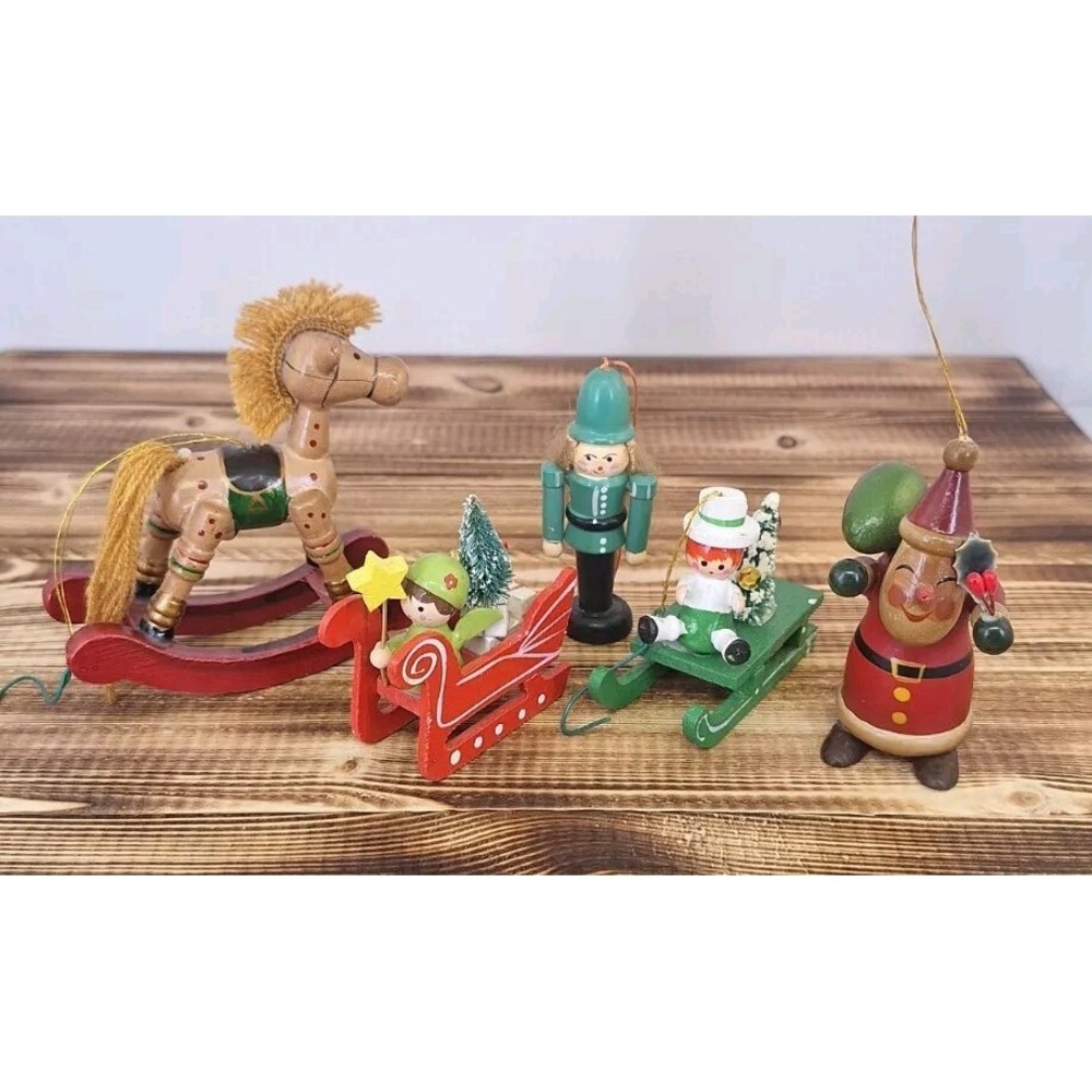 Lot X5 Vintage Wooden Christmas Ornaments‎ Santa Sleigh Rocking Horse Nutcracker